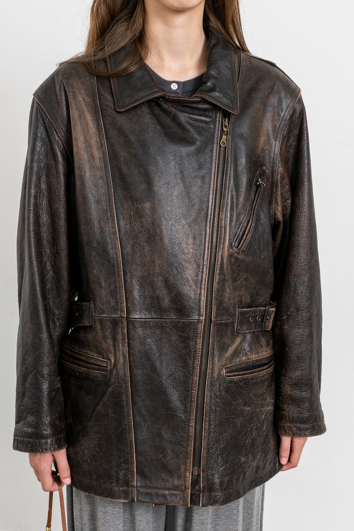 Vintage Brown Leather Biker Jacket with Buckled Waist