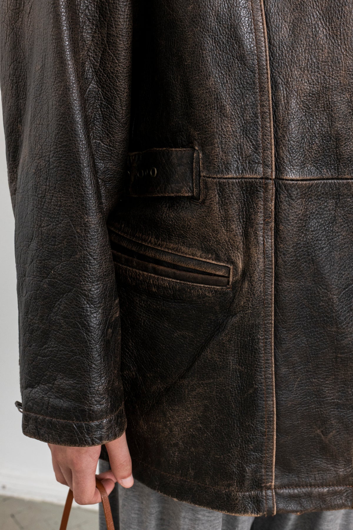 Vintage Brown Leather Biker Jacket with Buckled Waist